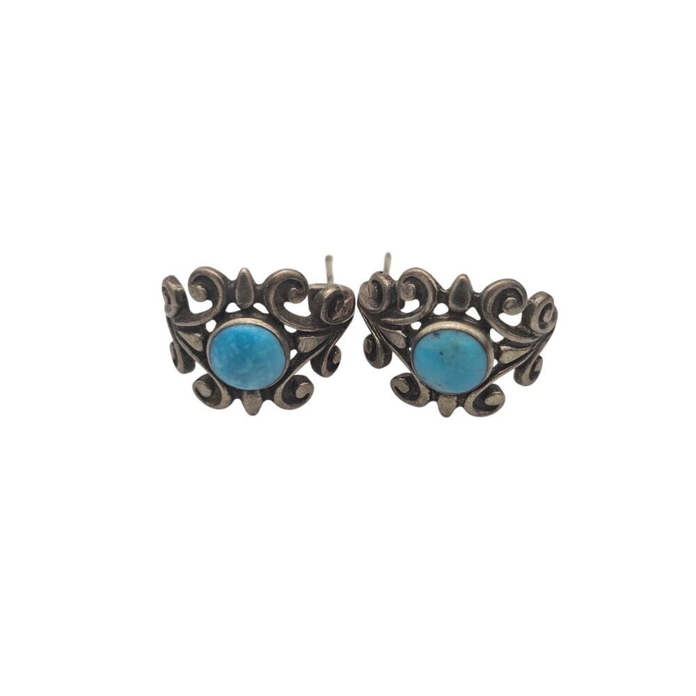 Vintage Southwestern Sterling Silver Turquoise Pierced Earrings - Picture 6 of 8